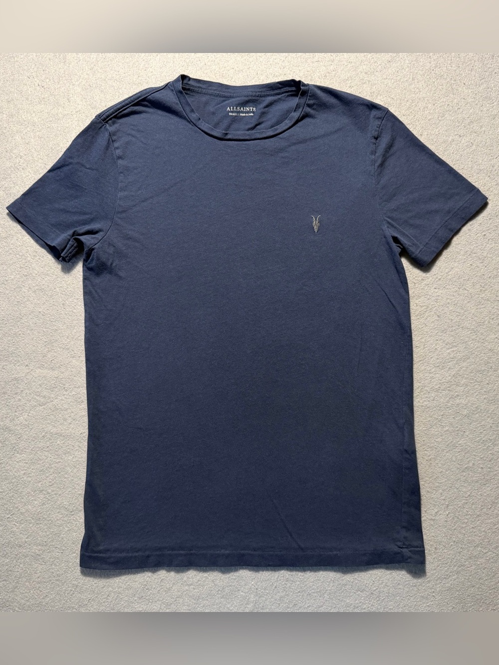 AllSaints Men’s Small Blue Ramskull Tonic Crew Neck Slim Fit T-Shirt Logo Tee